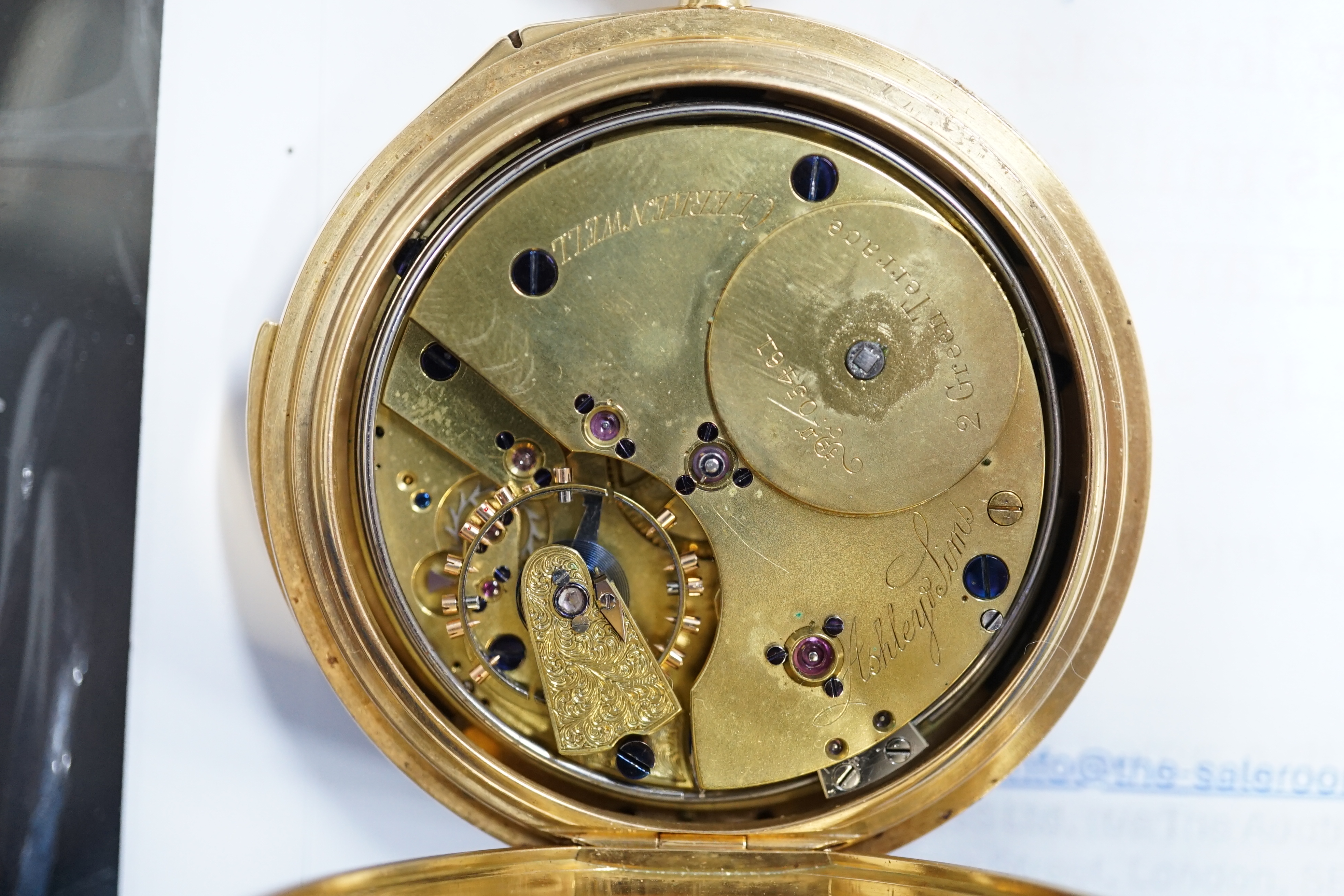 A George V 18ct gold hunter minute repeating lever pocket watch, by Ashley & Sims of Clerkenwell